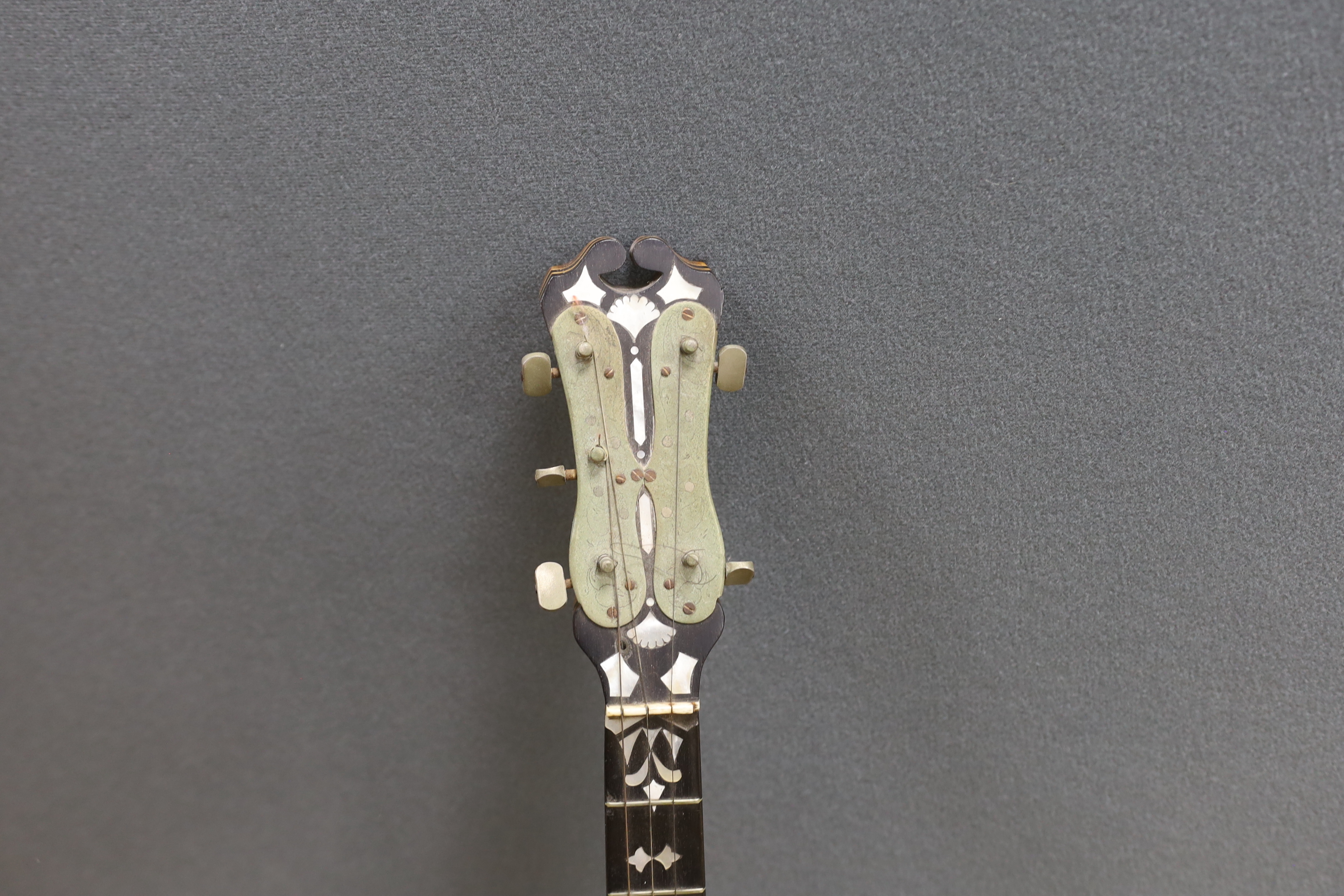 Lyceum Theatre interest - a Windsor Premier Zither banjo, with carved and inlaid detail, 90cm overall, in case, accompanied by vendor’s statement explaining her family link with the Melville brothers, owners of The Lyceu